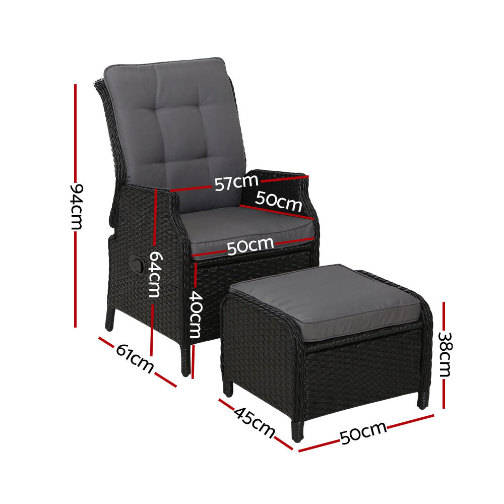 2PC Recliner Chair Sun lounge Wicker Lounger Outdoor Furniture Adjustable Black