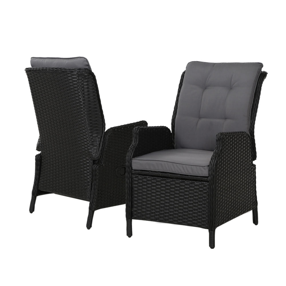 2PC Recliner Chair Sun lounge Wicker Lounger Outdoor Furniture Adjustable Black