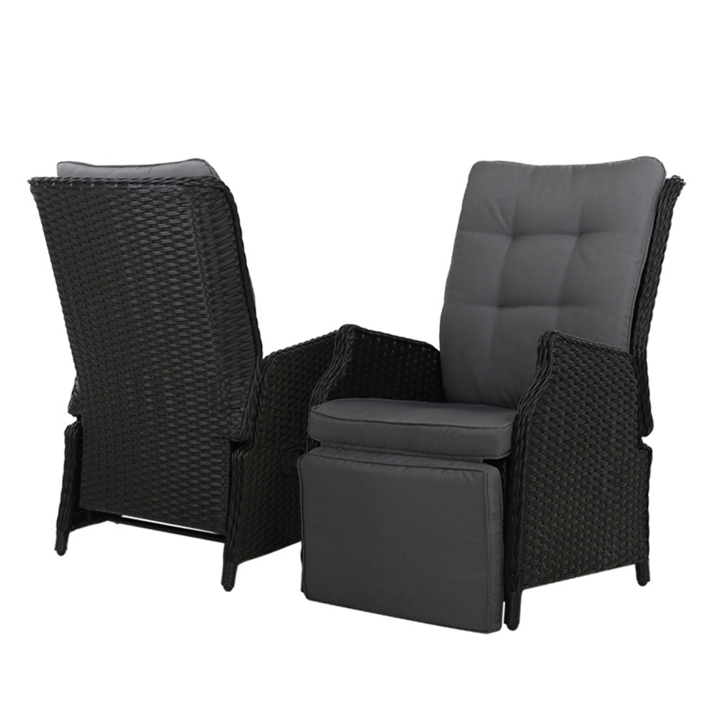 2PC Recliner Chairs Sun lounge Wicker Lounger Outdoor Furniture Adjustable Black