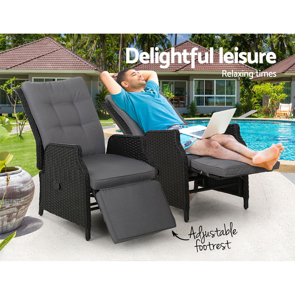 2PC Recliner Chairs Sun lounge Wicker Lounger Outdoor Furniture Adjustable Black