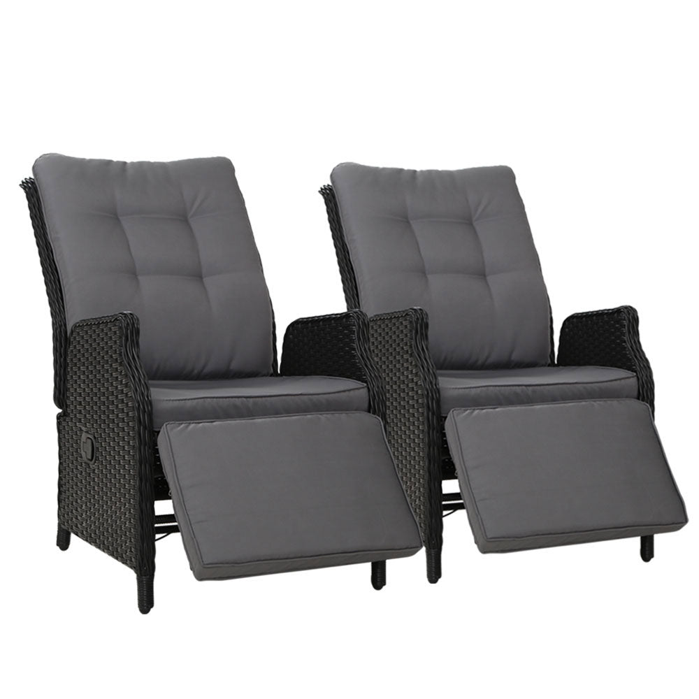 2PC Recliner Chairs Sun lounge Wicker Lounger Outdoor Furniture Adjustable Black