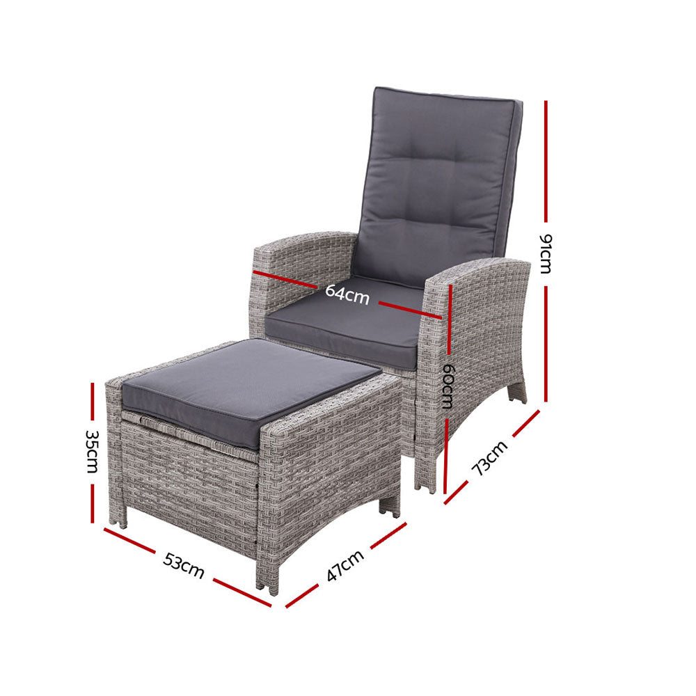 2PC Recliner Chairs Sun lounge Wicker Lounger Outdoor Furniture Adjustable Grey