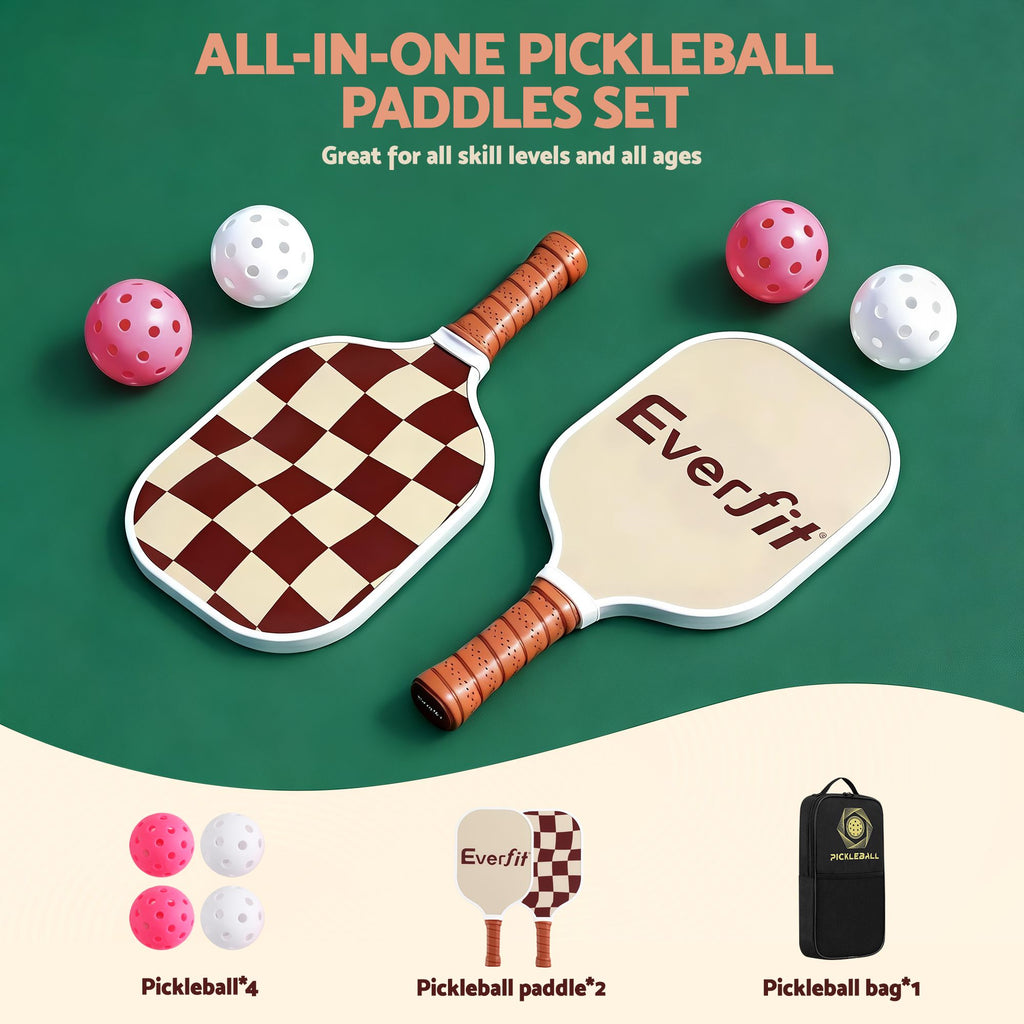 Everfit Pickleball Paddle Set Fibreglass Racquet Honeycomb Core With Bag Brown