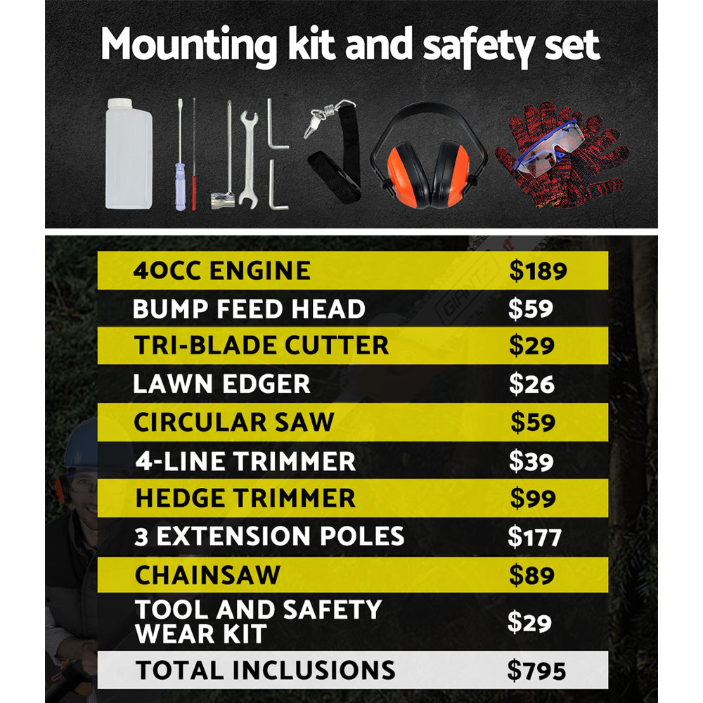 40CC Pole Chainsaw Hedge Trimmer Brush Cutter Whipper Saw 4-Stroke 9-in-1