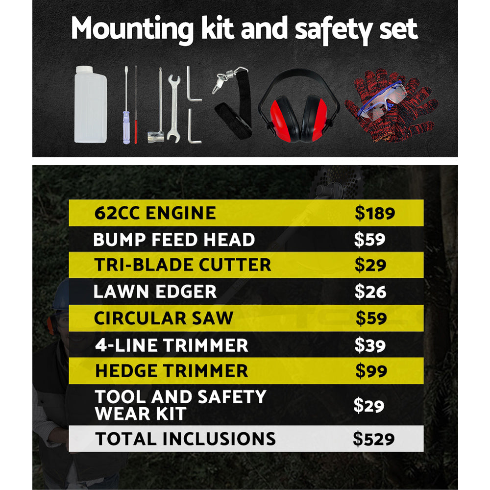 62CC Pole Circular Saw Petrol Brush Cutter Whipper Snipper 7-in-1