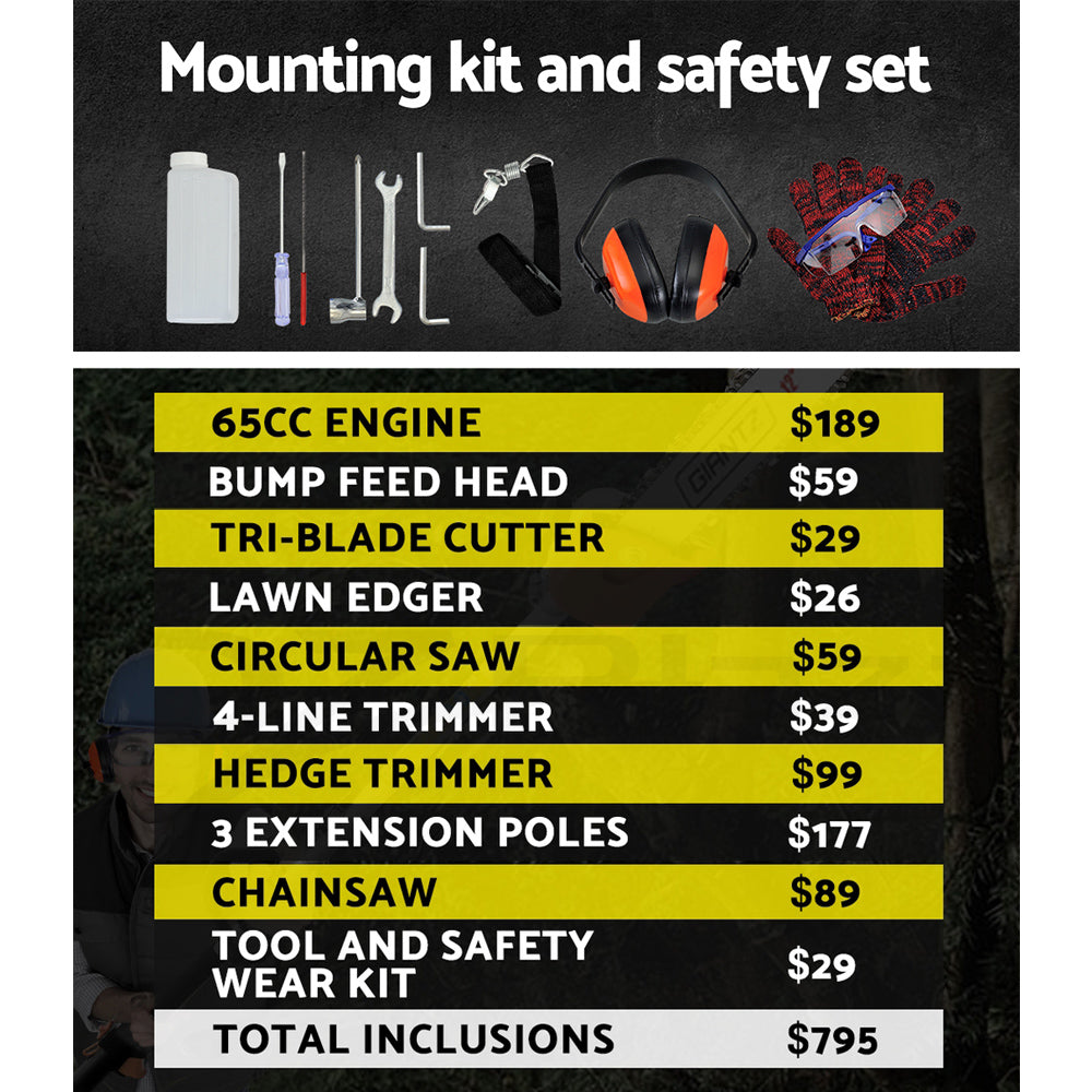 65CC Pole Chainsaw Hedge Trimmer Brush Cutter Whipper Snipper 9-in-1 4.3m