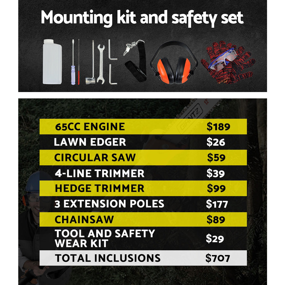 65CC Pole Chainsaw Hedge Trimmer Brush Cutter Whipper Saw Snipper 7-in-1