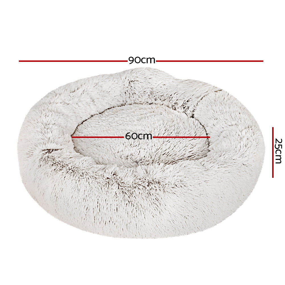 Pet Bed Dog Cat 90cm Large Calming Soft Plush White Brown