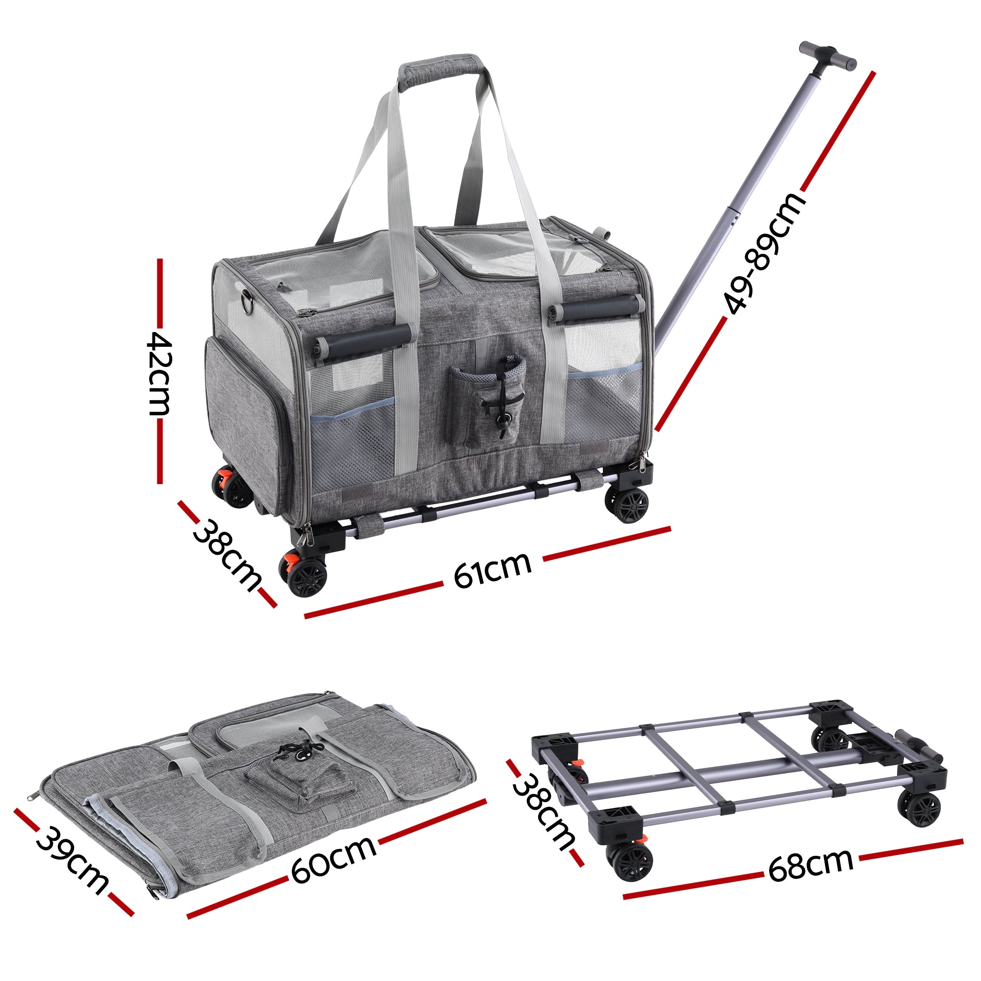 i.Pet Pet Carrier Swivel Wheels Foldable Cat Dog Trolley Stroller Travel Bag Grey