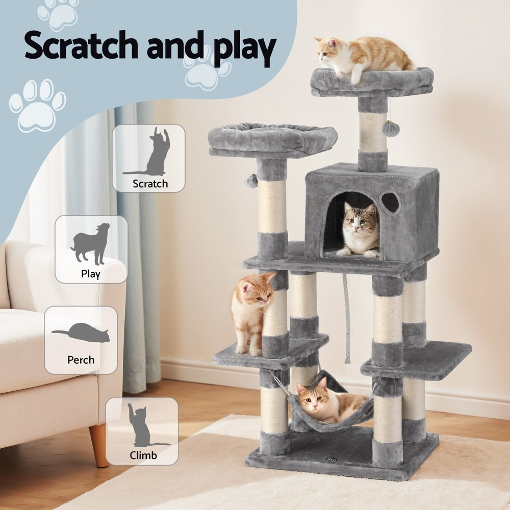 Cat Tree 145cm Tower Scratching Post Trees Scratcher Condo House Light Grey
