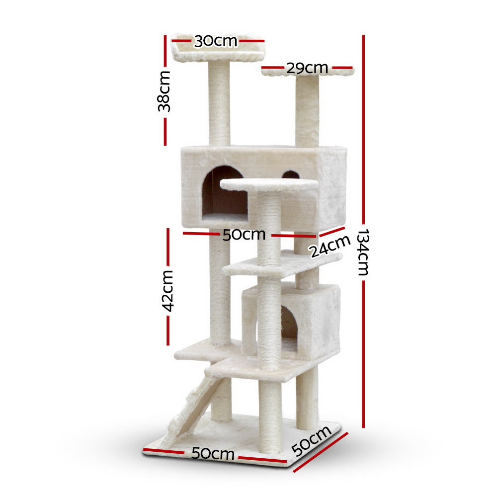 Cat Tree 134cm Tower Scratching Post Scratcher Wood Condo House Bed Beige