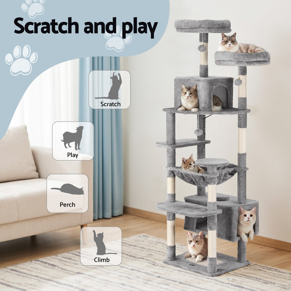 Cat Tree 184cm Tower Scratching Post Trees Scratcher Condo House Light Grey