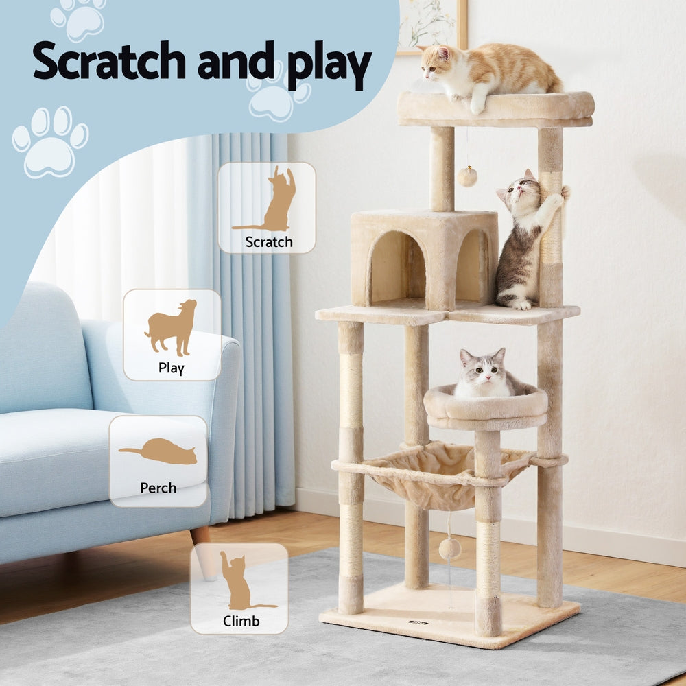 Cat Tree 143cm Tower Scratching Post Trees Scratcher Condo House Beige