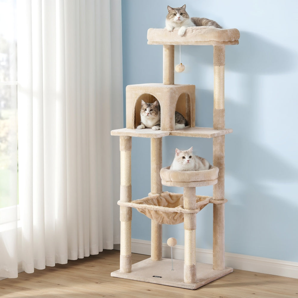 Cat Tree 143cm Tower Scratching Post Trees Scratcher Condo House Beige