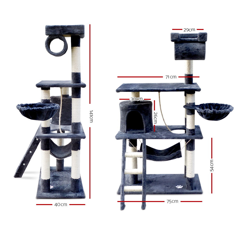 Cat Tree 141cm Tower Scratching Post Scratcher Condo Wood House Bed Grey