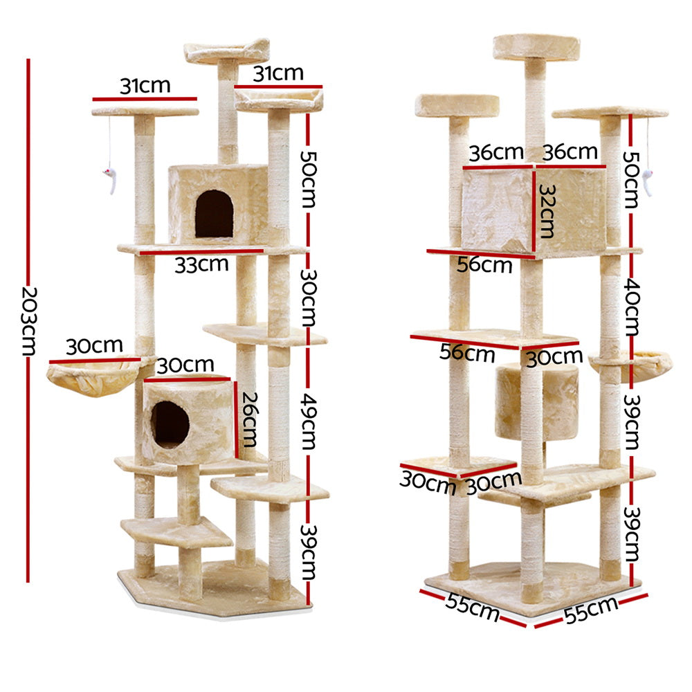 Cat Tree 203cm Tower Scratching Post Scratcher Condo Trees House Bed Beige