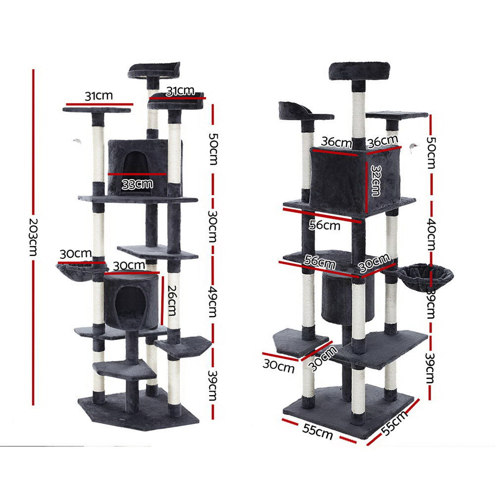 Cat Tree 203cm Tower Scratching Post Scratcher Condo Trees House Bed Grey