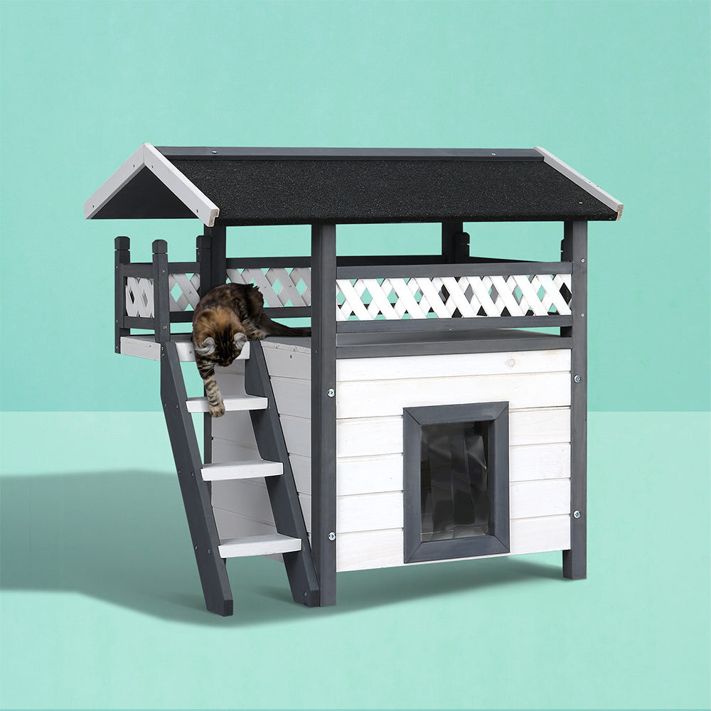 Outdoor Cat House Shelter 77cm x 50cm x 73cm Rabbit Hutch Wooden Condo Small Outdoor Cat House