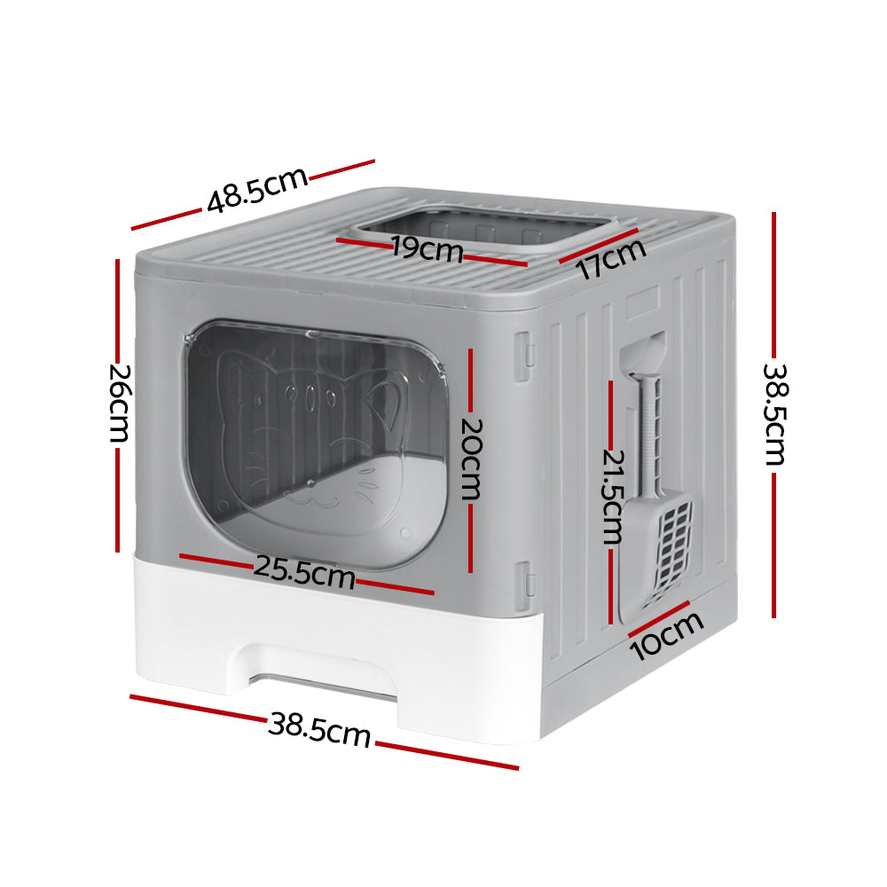 Cat Litter Box Large Tray Kitty Toilet Enclosed Hooded Foldable Cat Litter Box Scoop Grey