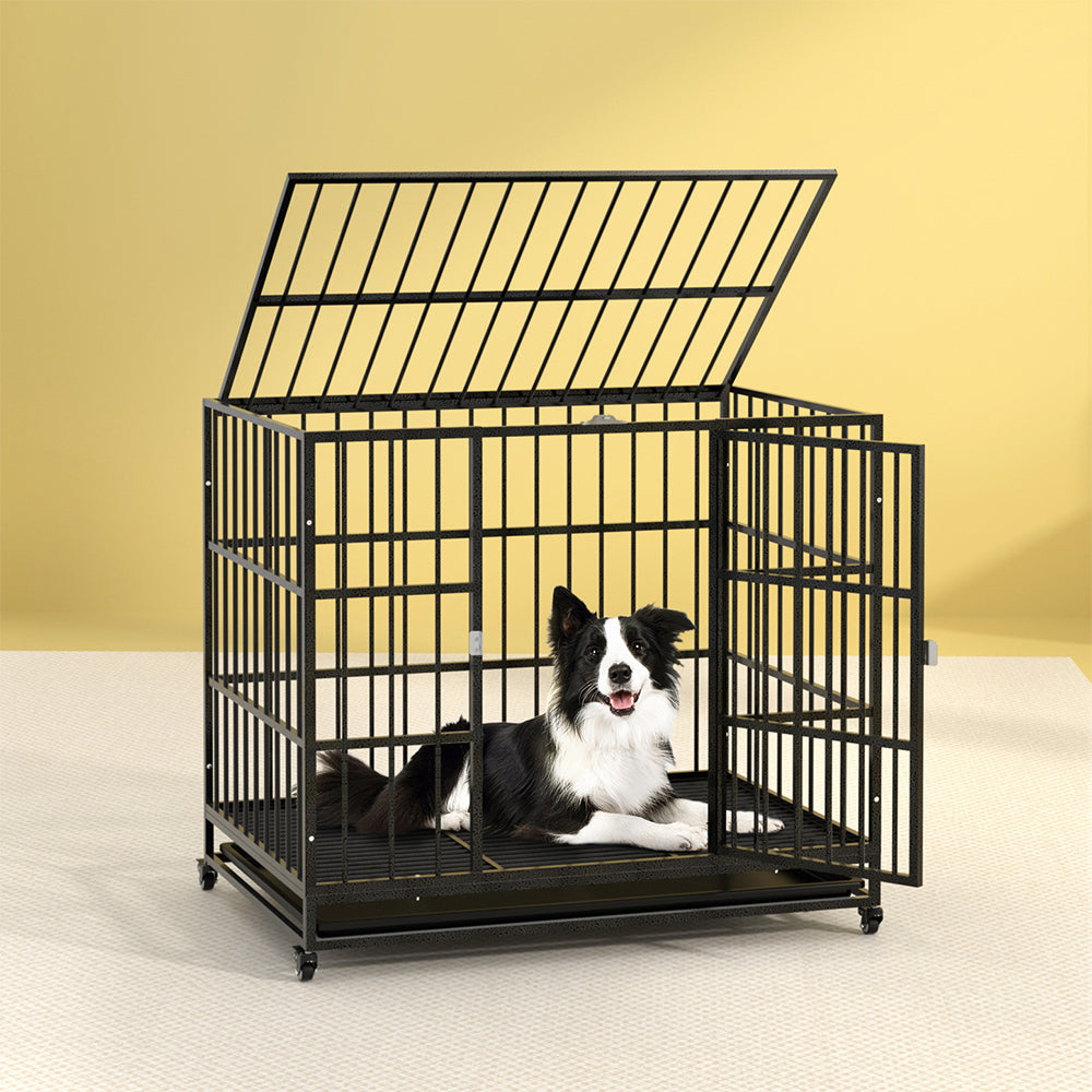 Dog Cage Crate Large Puppy Cat Anti-Bite Pet Kennel Wheels w/Tray Metal