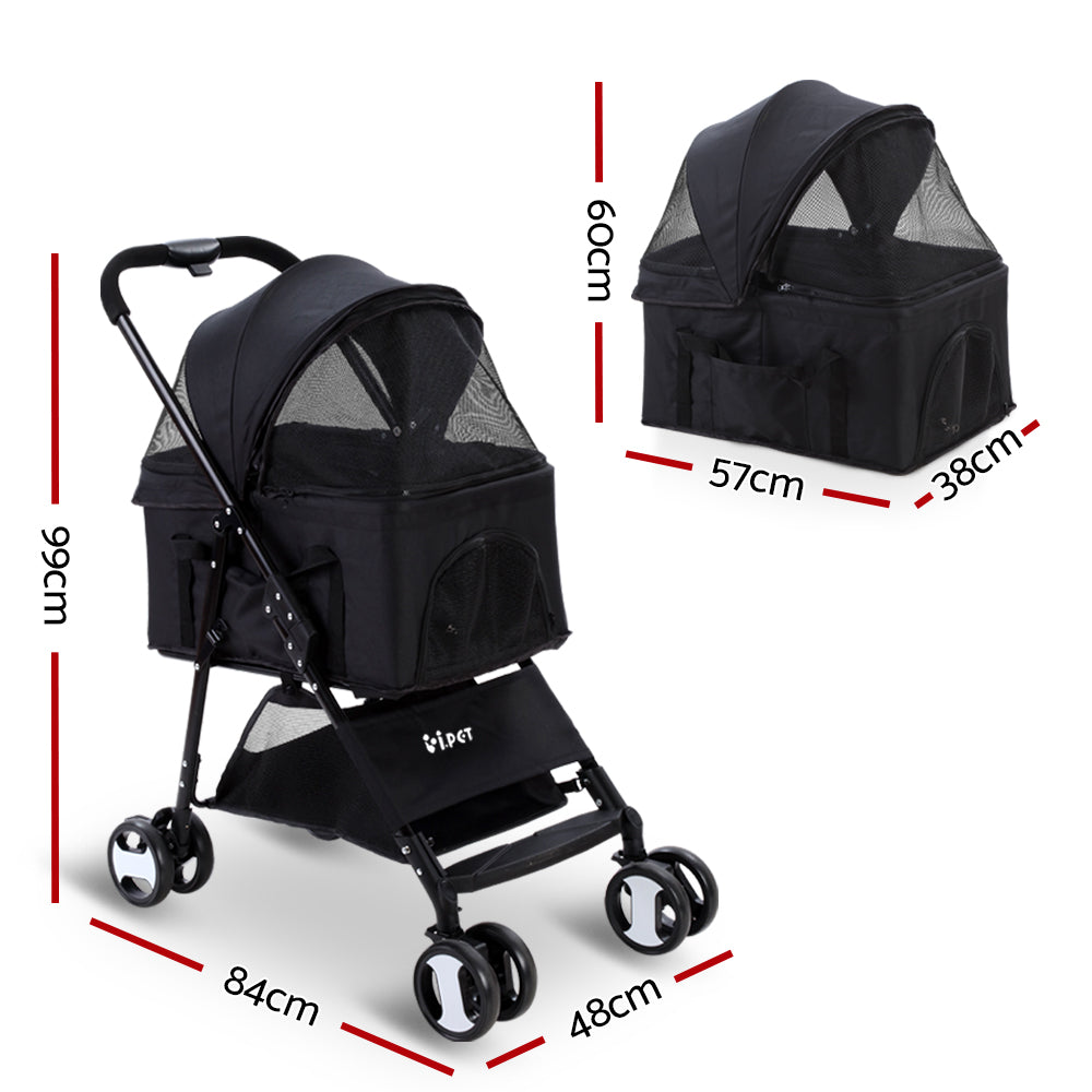 Pet Stroller Dog Pram Cat Carrier Travel Large Pushchair Foldable 4 Wheels Black