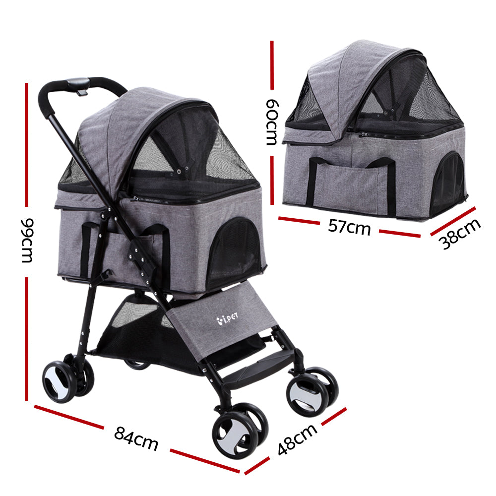 Pet Stroller Dog Pram Cat Carrier Travel Large Pushchair Foldable 4 Wheels Grey