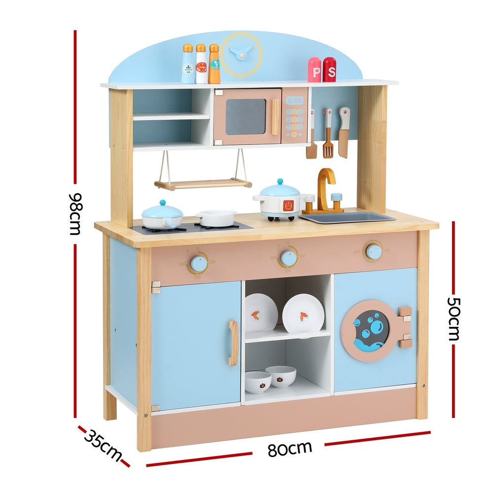 Kids Wooden Pretend Kitchen Play Sets Cooking Toys Pot Pan Bowls Oven Dishwasher 80CM Blue