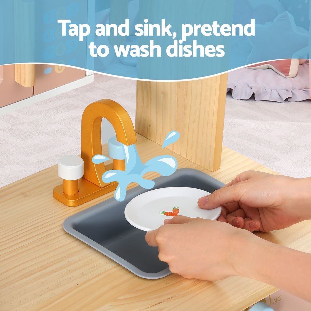 Kids Wooden Pretend Kitchen Play Sets Cooking Toys Pot Pan Bowls Oven Dishwasher 80CM Blue