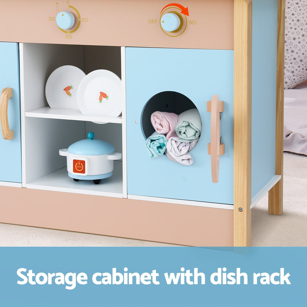 Kids Wooden Pretend Kitchen Play Sets Cooking Toys Pot Pan Bowls Oven Dishwasher 80CM Blue