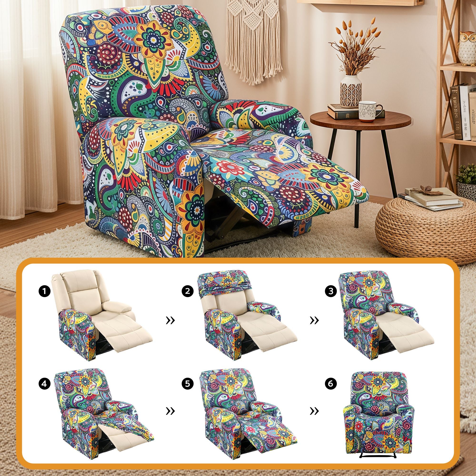 Artiss Stretch Kids Recliner Cover 4-Pieces Recliner Chair Slipcovers Printed Polyester