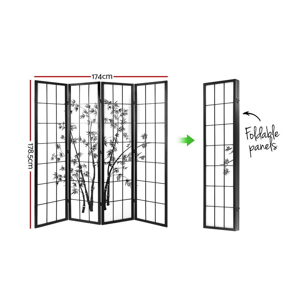 4 Panel Room Divider Screen 174x179cm Bamboo Black White