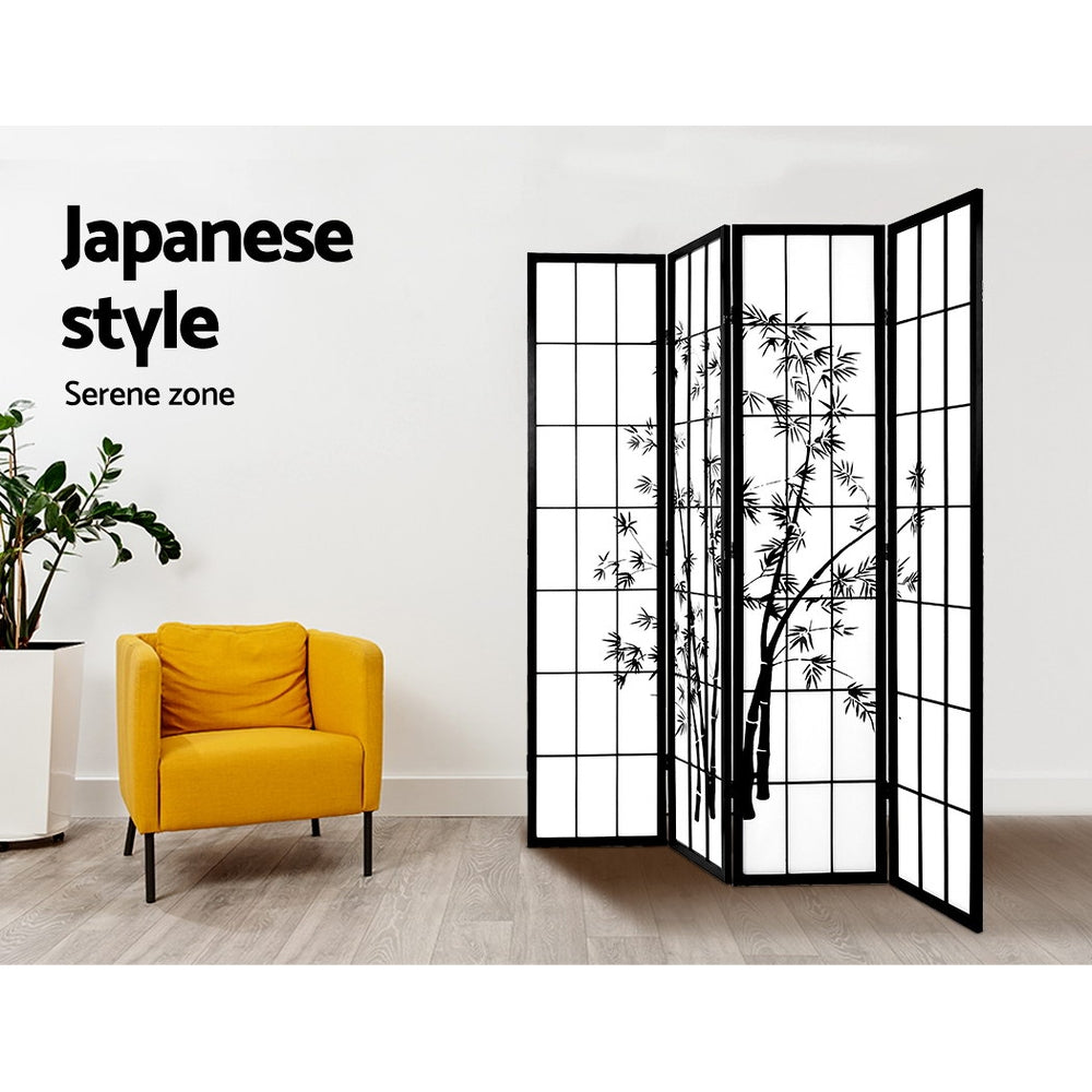 4 Panel Room Divider Screen 174x179cm Bamboo Black White