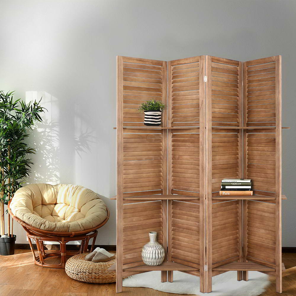 4 Panel Room Divider Screen 163x170cm Shelf Oak