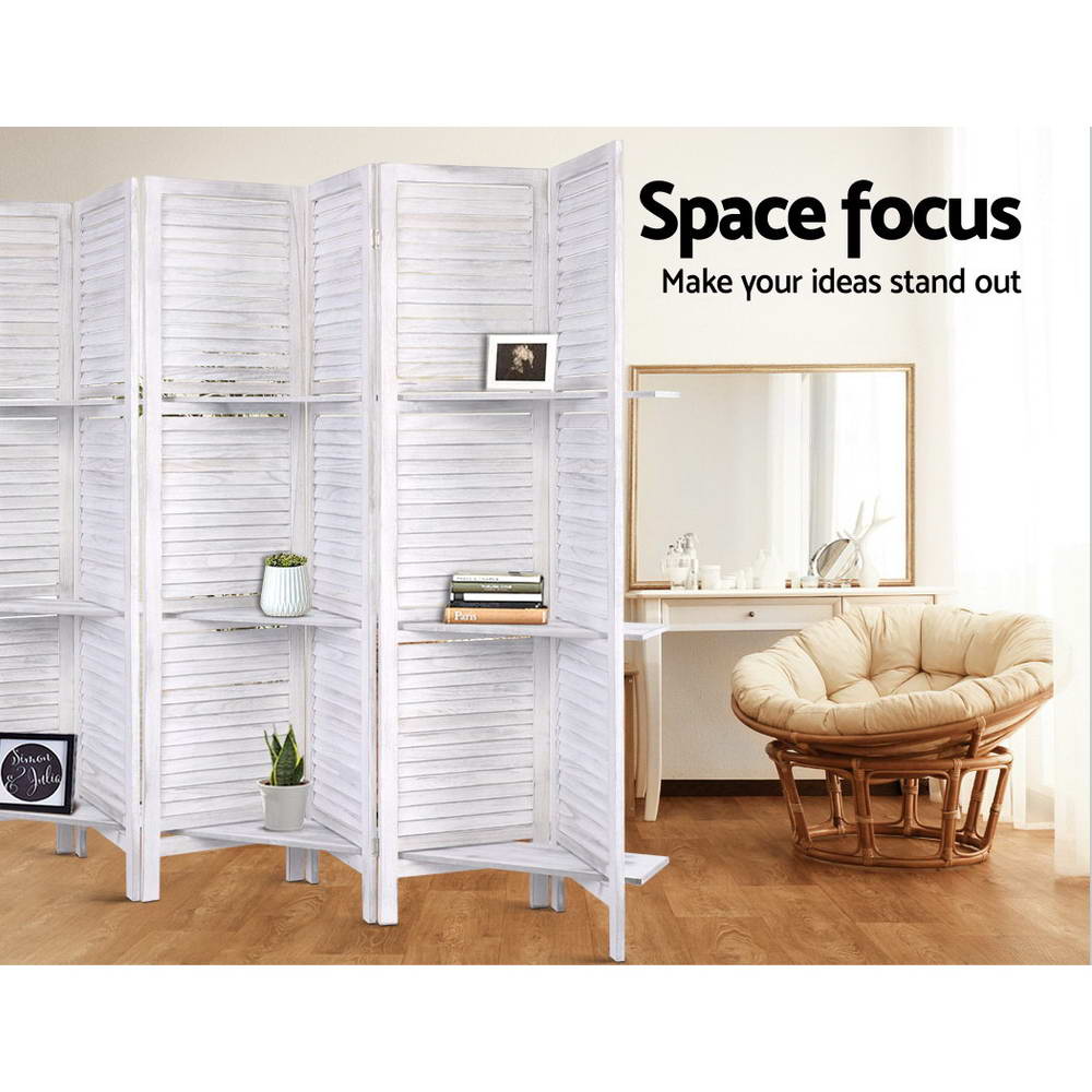 8 Panel Room Divider Screen 326x170cm Shelf White