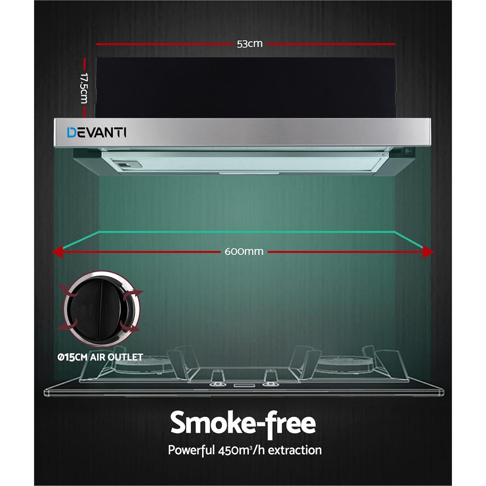 600mm Range Hood 60cm Slide out Rangehood Stainless Steel