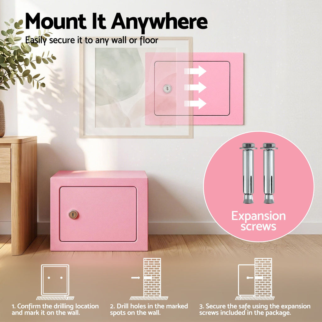 UL-Tech 6.5L Small Safe Box with Key Lock for Cash Mini Home Security Safe Pink