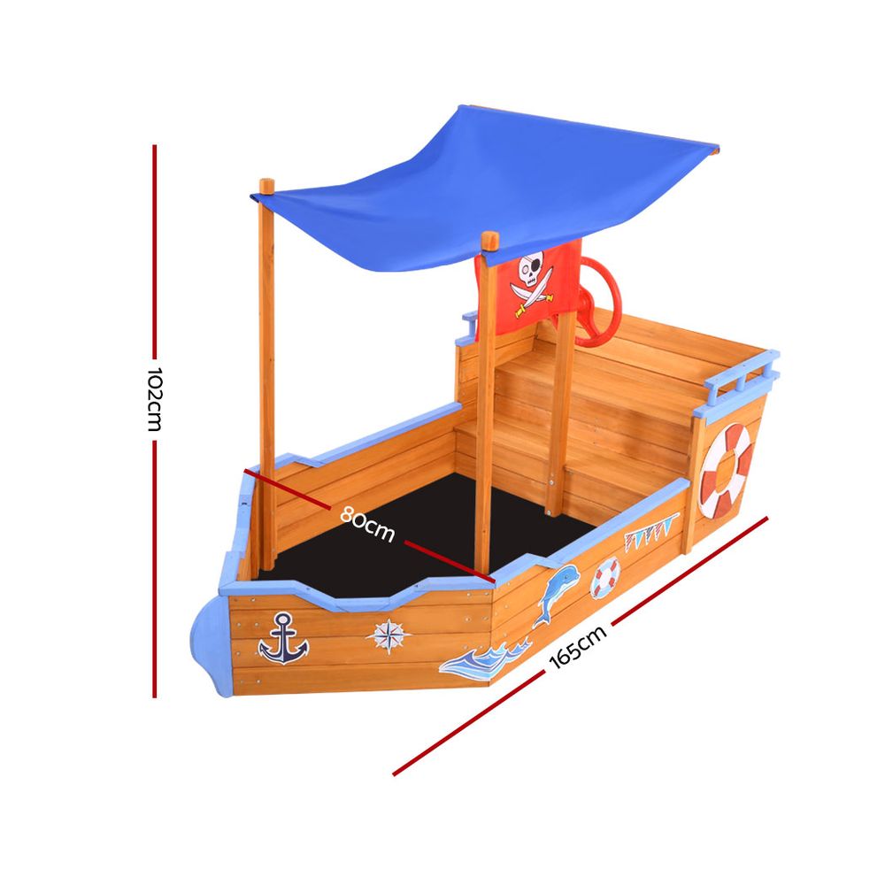 Kids Sandpit Wooden Boat Sand Pit with Canopy Bench Seat Beach Toys 165cm
