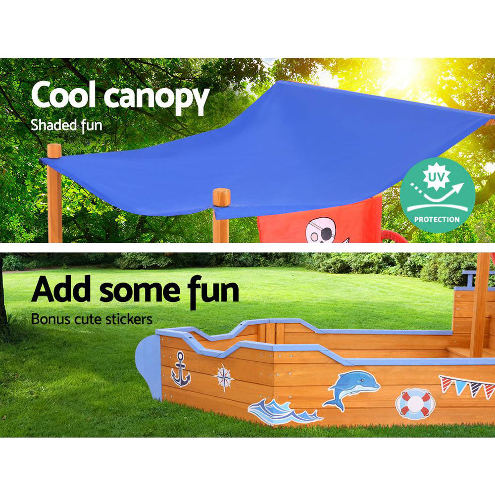 Kids Sandpit Wooden Boat Sand Pit with Canopy Bench Seat Beach Toys 165cm