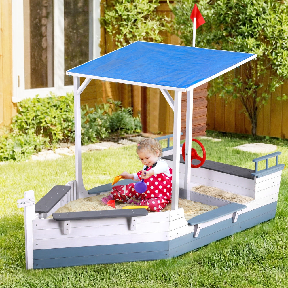 Kids Sandpit Wooden Box Boat Canopy Flag Outdoor Toys Children Blue