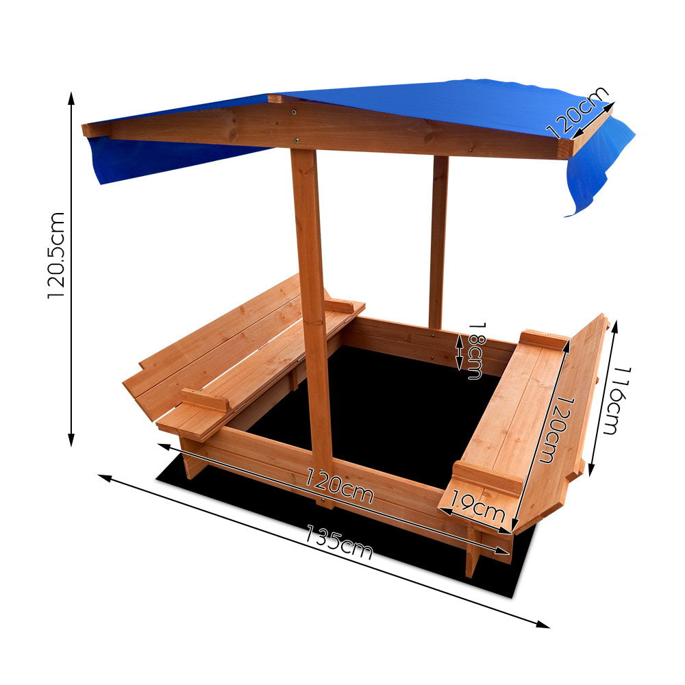Kids Sandpit Wooden Sandbox Sand Pit with Canopy Foldable Seat Toys 120cm