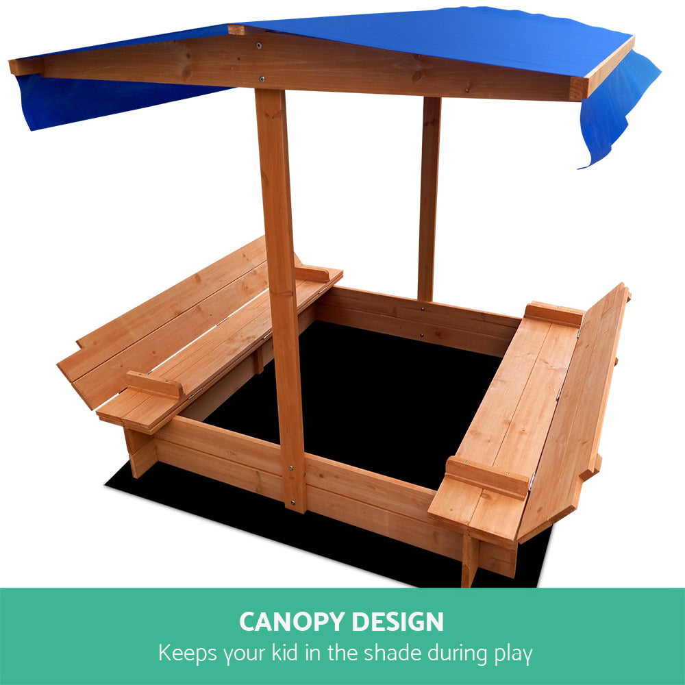 Kids Sandpit Wooden Sandbox Sand Pit with Canopy Foldable Seat Toys 120cm