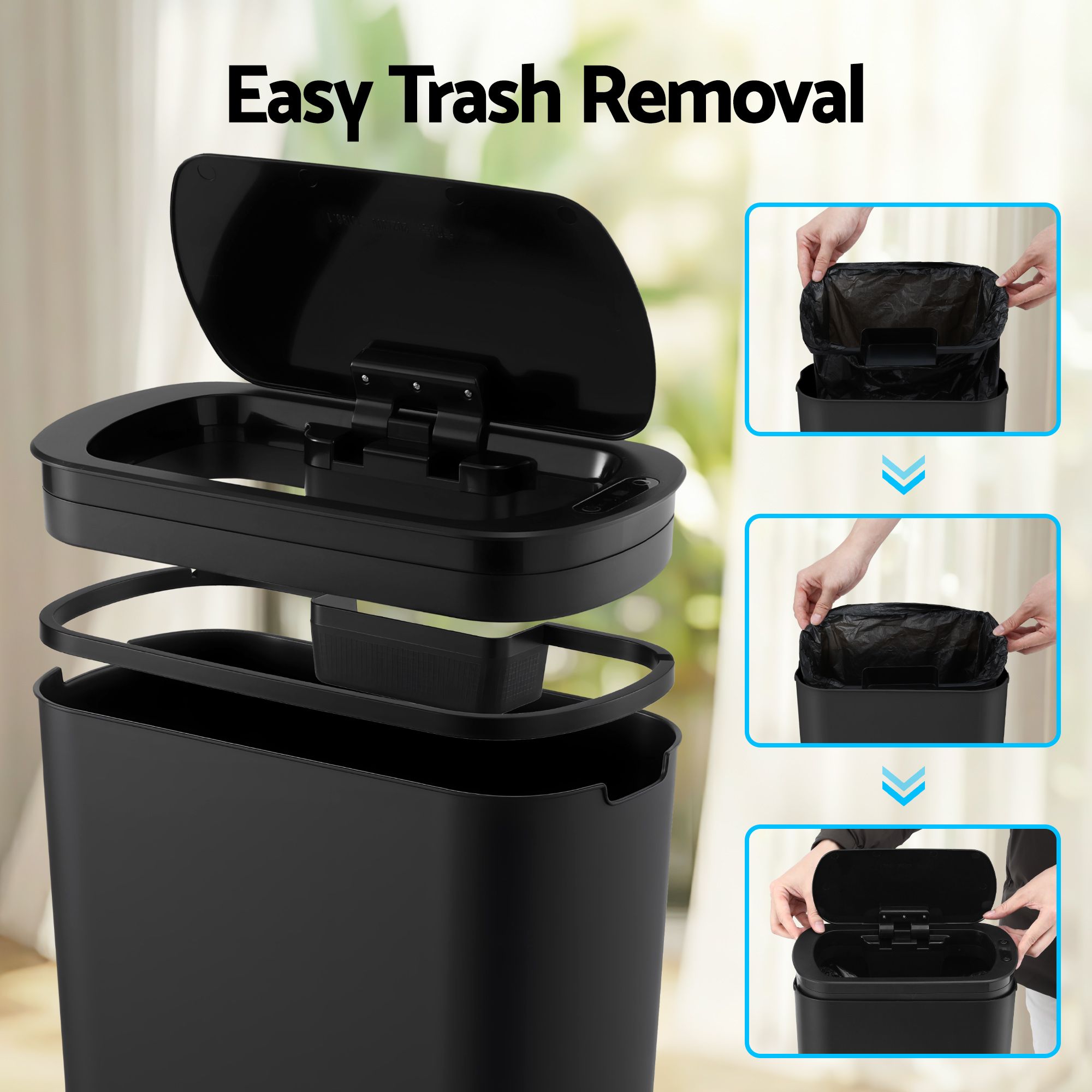 Devanti Automatic Trash Bin with Lid 21L Motion Sensor Kitchen Bin Touchless Garbage Can Modern Black Plastic Slim Rubbish Bin with Liner Holder for Kitchen, Home, Office