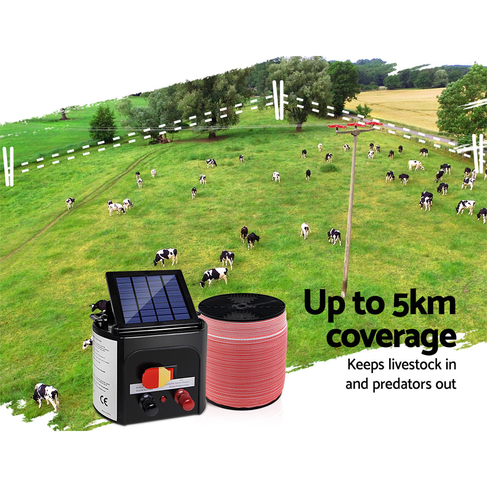 Fence Energiser 5KM Solar Powered Electric 2000M Poly Tape
