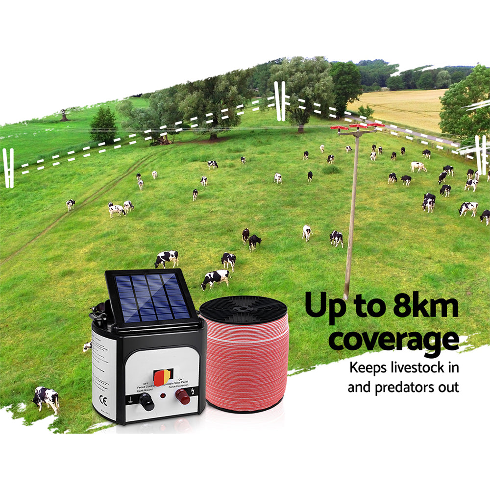 Fence Energiser 8KM Solar Powered Electric 2000M Poly Tape