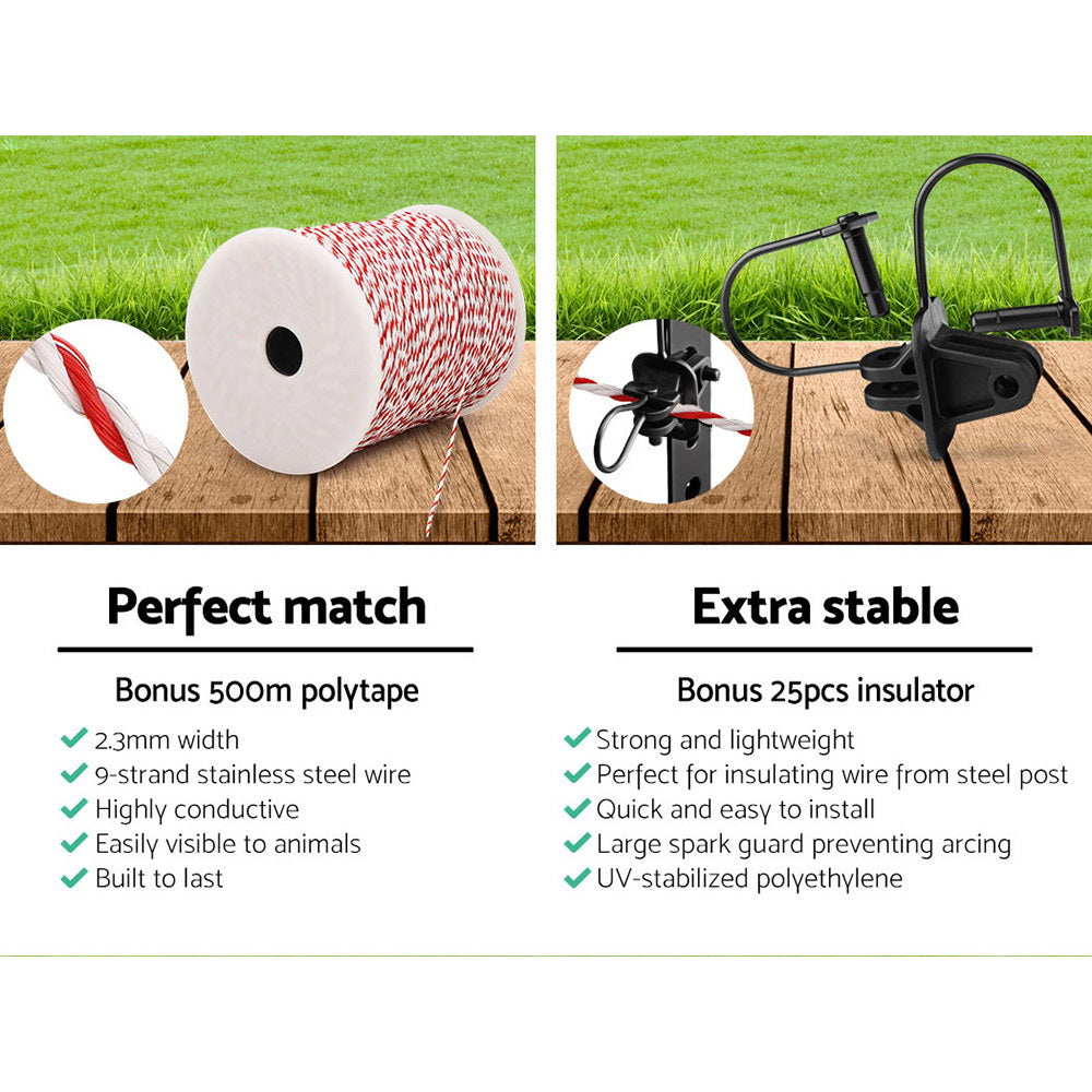Fence Energiser 5KM Solar Powered Electric 500M Poly Wire Insulator