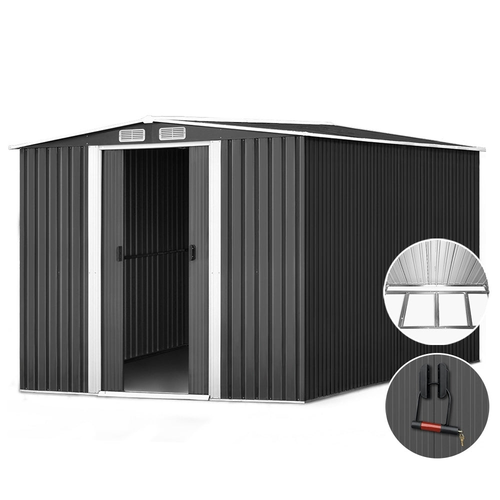 Garden Shed 2.58x3.14M w/Metal Base Sheds Outdoor Storage Workshop Shelter Sliding Door
