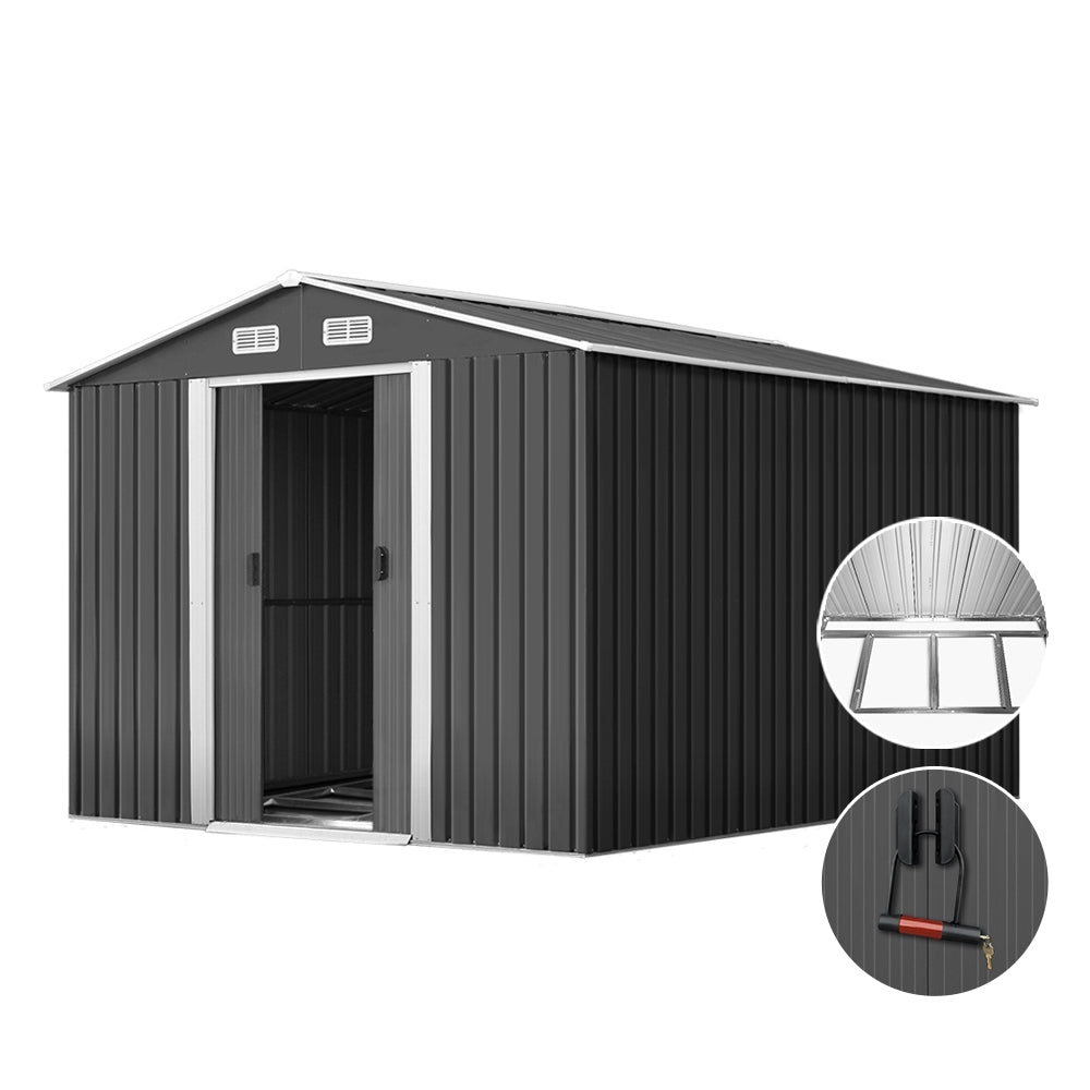 Garden Shed 2.6x3.9M w/Metal Base Sheds Outdoor Storage Workshop Tool Shelter Sliding Door