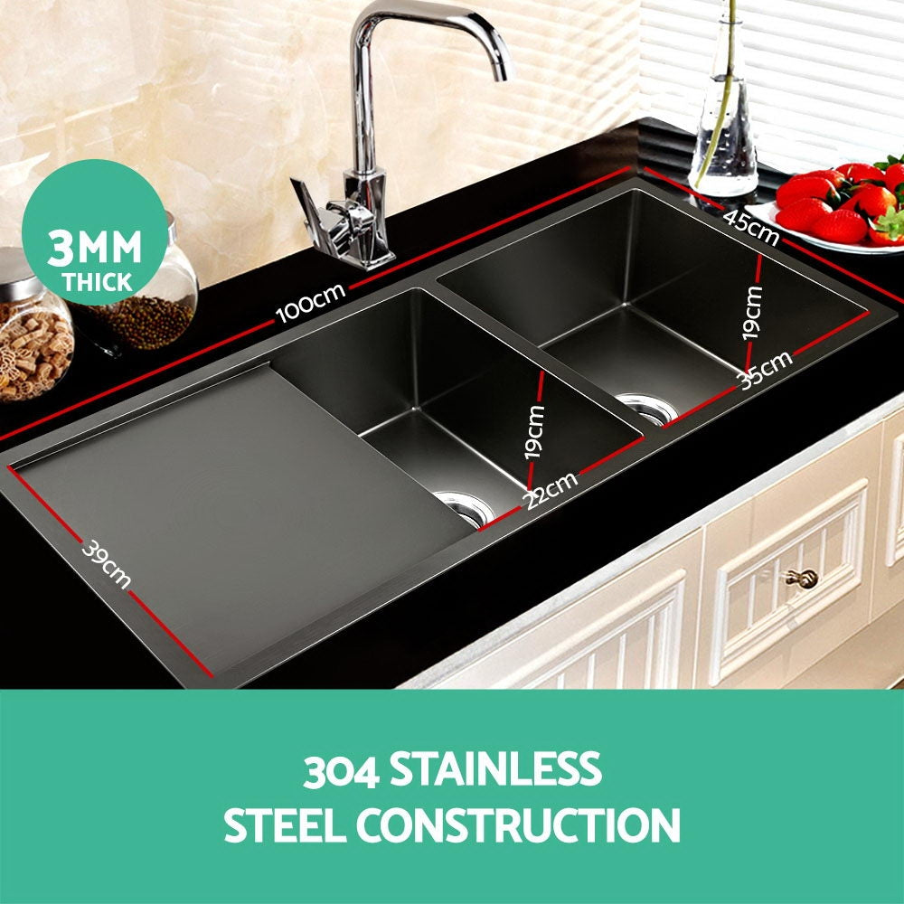 Kitchen Sink 100X45CM Stainless Steel Basin Double Bowl Black