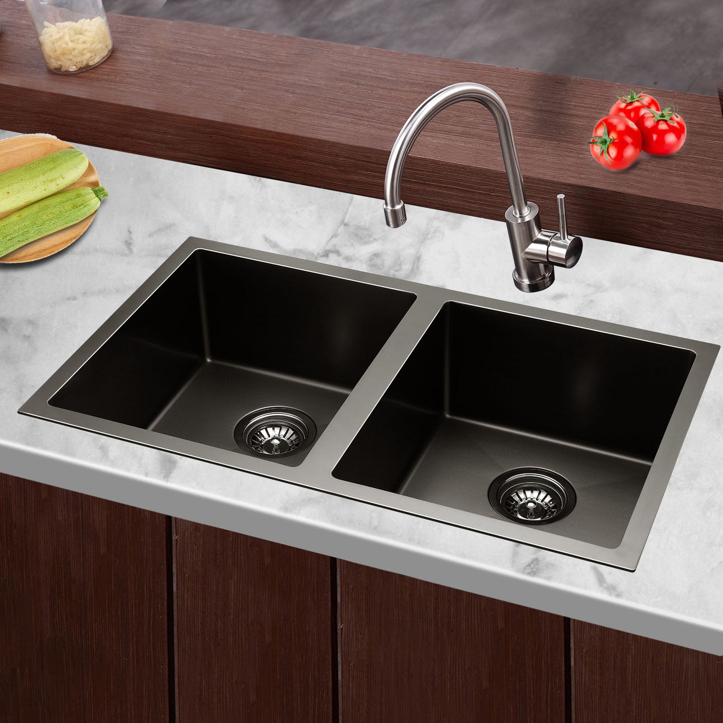 Kitchen Sink 77X45CM Stainless Steel Basin Double Bowl Black