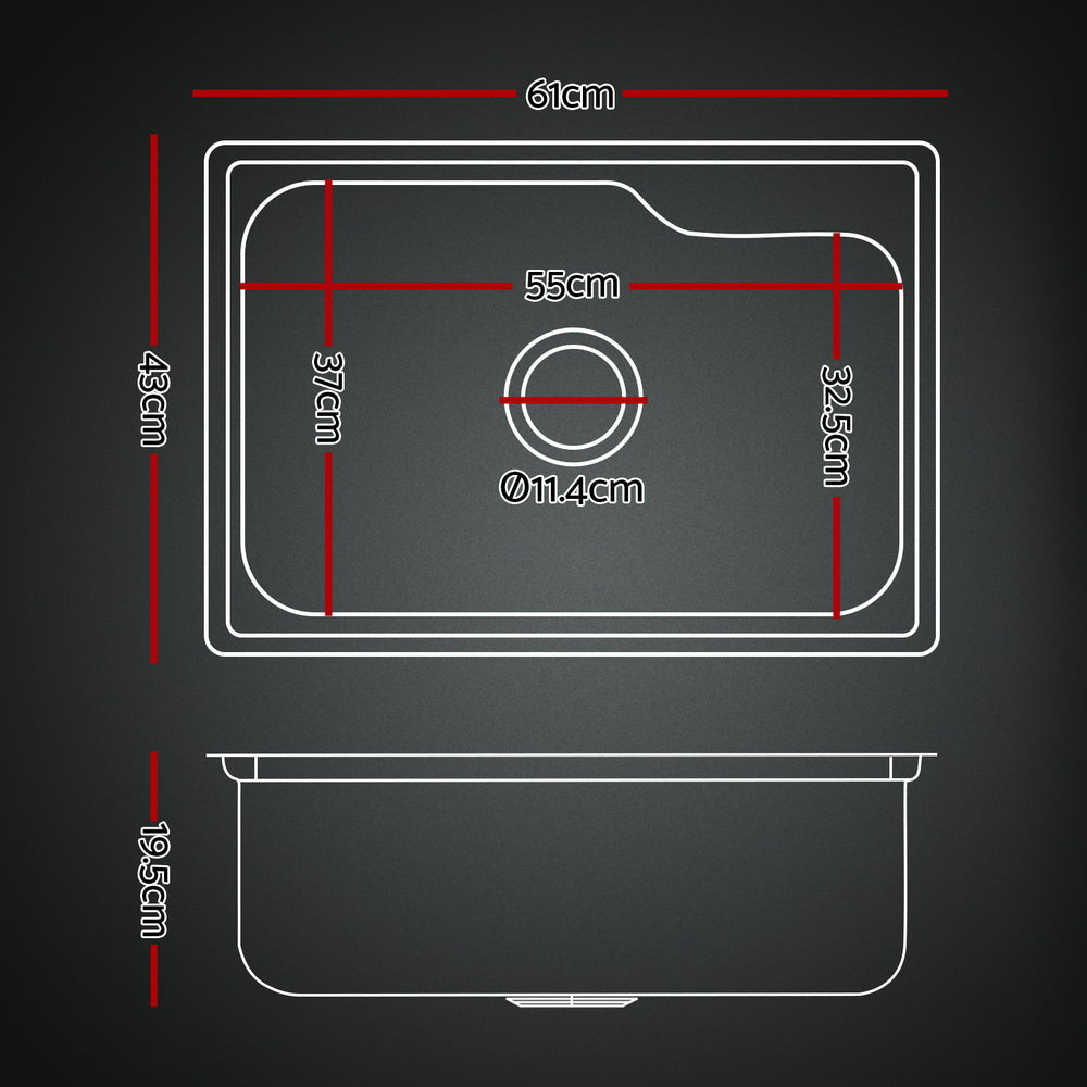 Kitchen Sink 61X43CM Stainless Steel Basin Single Bowl Black Drain Basket